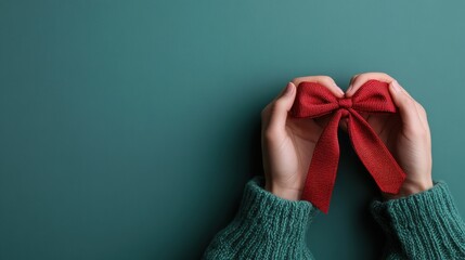 Two hands hold a red bow against a green background, creating a contrasting and visually appealing image, symbolizing gift-giving and celebrations during special occasions.