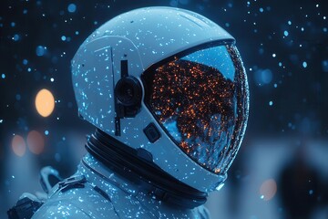 Wall Mural - profile view of a futuristic astronaut helmet with reflective visor showcasing sleek design and advanced technology against a starry background