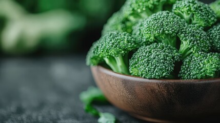 A wooden bowl filled with fresh green broccoli sits on a dark surface, emphasizing the healthy and organic nature of the vegetable within a simple, rustic presentation.