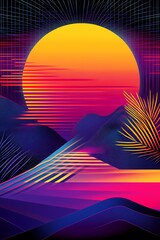 Abstract sunset with palm trees, mountains, and vibrant colors.