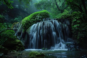 Canvas Print - A serene waterfall surrounded by dense foliage in a picturesque forest setting, ideal for use in nature or travel themed projects