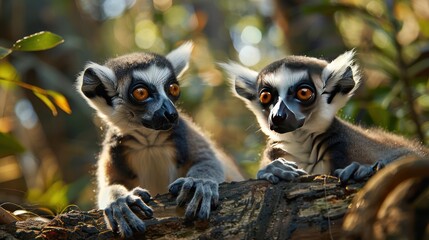 two lemurs have a conversation while perched on a tree branch.