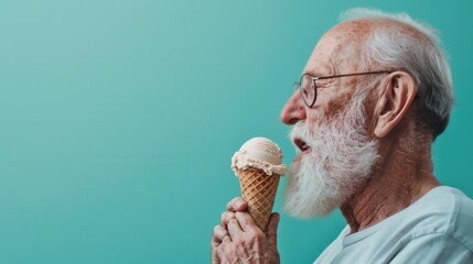 A senior male holding an ice cream and eating over plain background.