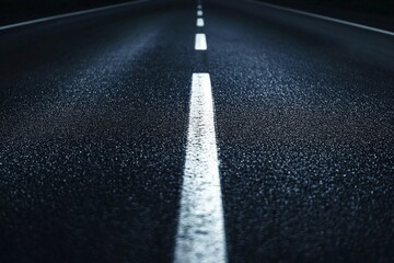 Canvas Print - A stark white road line cutting through a dark asphalt highway at night. 