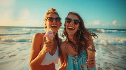 Young friends holding ice cream and laughing