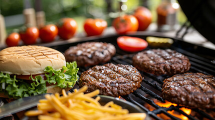 a DIY burger kit, featuring ground beef patties, brioche buns, lettuce, tomato slices, cheese, and condiments, set on a grill station with grilling tools in the background