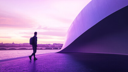 Young Man Posing by the River at Sunset with Eiffel Tower in Background