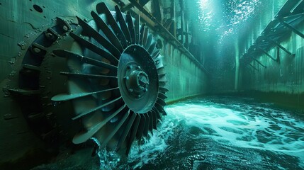 There is an underground hydroelectric power generation facility with a large turbine