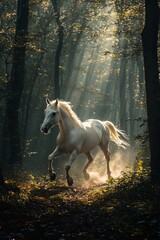 Wall Mural - A white horse running through a dark forest with rays of light filtering through the trees. 