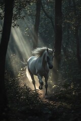 Wall Mural - A white horse running through a dark forest with rays of light filtering through the trees. 