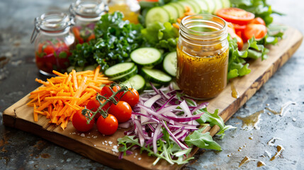 Wall Mural - a DIY salad kit, featuring mixed greens, cherry tomatoes, cucumber slices, shredded carrots, and a variety of dressings, set on a rustic wooden board with a mason jar for shaking the salad