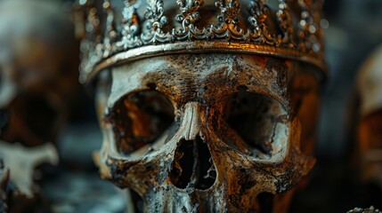 Intricately designed skull adorned with a crown displayed in a dimly lit setting