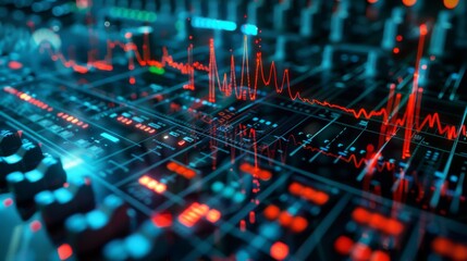 Abstract representation of sound engineering with waveforms and audio analysis, highlighting the role of technology in acoustics and audio design.