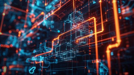 Abstract visualization of control systems engineering with digital diagrams and automated technology, representing efficiency and precision in design.