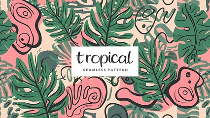 Wall Mural - Trendy tropical doodle seamless pattern with unusual abstract shapes and jungle plant leaf in pastel colors. Freehand organic shape background for fashion print, summer wallpaper design