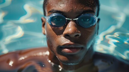 Young swimmer in goggles relaxing in the pool during a sunny afternoon