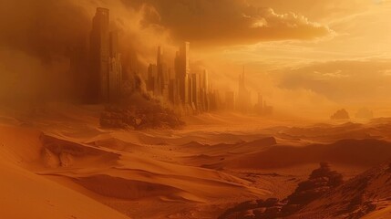 Wall Mural - Desolate city skyline engulfed in orange sands during a dramatic sunset in a barren landscape