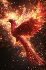 Poster - A red phoenix rising from the ashes, symbolizing rebirth and the resilience of the human spirit,