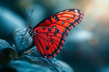 Leinwandbilder - A crimson butterfly emerging from its cocoon, representing the resilience of transformation and growth,