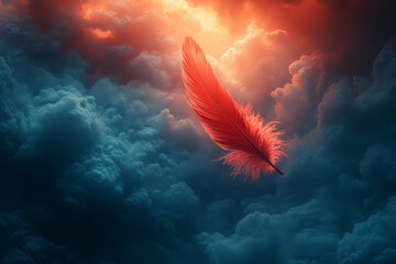 Wall Mural - A single red feather floating through a stormy sky, representing the resilience of hope and freedom,