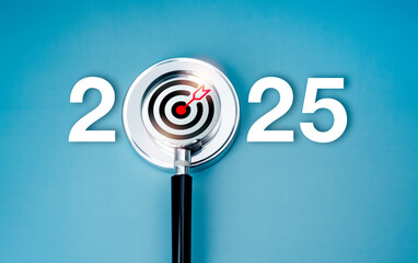 Wall Mural - Happy new year 2025 with business marketing goal and trends concept. 2025 calendar number decorated with red target icon focus in magnifier on on round chrome object and blue background, minimalist.