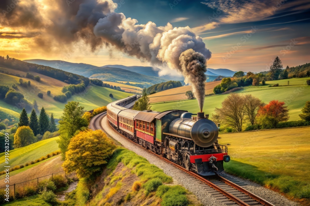Vintage steam locomotive chugs along winding tracks, pulling classic ...