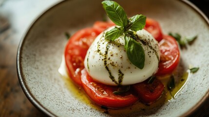 Sticker - A beautifully plated Caprese salad with fresh mozzarella, tomatoes, and basil, showcasing the essence of Italian culinary tradition in a simple, yet elegant dish.