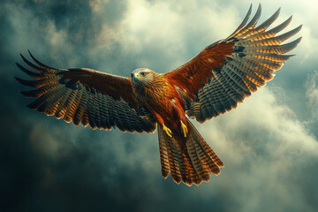 Poster - A red kite flying high against a turbulent sky, symbolizing the resilience of dreams and aspirations,
