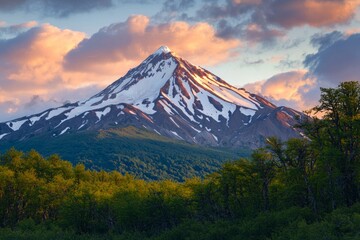 Wall Mural - A white snow-capped mountain peak rising above a green forest, during sunrise. 