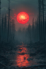 Poster - A red sun rising over a devastated landscape, symbolizing the resilience of renewal and the promise of a new day,