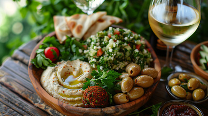 a vibrant Mediterranean feast, including hummus, falafel, tabbouleh, pita bread, and olives, served on a wooden platter with a backdrop of fresh herbs and a glass of white wine