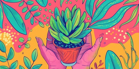 Two hands holding a potted plant with colorful leaves.