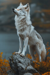 Poster - A lone wolf standing on a cliff, its howl blending with the whispers of the wind and the wilderness below,