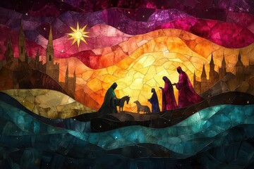 stylized nativity scene in rich jewel tones three wise men following star to bethlehem mary joseph and baby jesus bathed in ethereal light