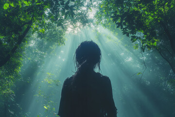 Poster - An ethereal figure wandering through a dense jungle, listening to the whispers of the wild echoing in the canopy above,