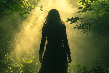 Poster - An ethereal figure wandering through a dense jungle, listening to the whispers of the wild echoing in the canopy above,