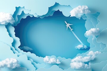 Wall Mural - airplane soaring through white puffy clouds, blue sky background