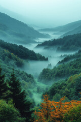 Poster - A dense fog rolling through a valley, with the whispers of the wild blending with the soft sounds of nature,