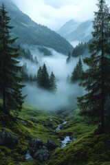 Poster - A dense fog rolling through a valley, with the whispers of the wild blending with the soft sounds of nature,