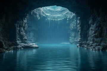 Poster - A deep, ancient cave where the whispers of the wild echo through the darkness, carried by the dripping of water,