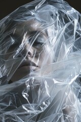 Canvas Print - A person wearing a plastic wrap mask covering their face, potentially for protection or disguise