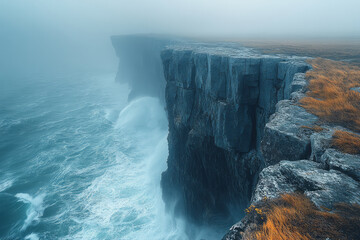 Poster - A windy cliffside overlooking the ocean, where the whispers of the wild blend with the crashing of waves below,
