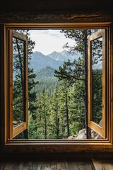 Wall Mural - A window in a minimalist mountain retreat, with a view of a deep forest and distant peaks. 