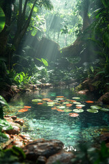 Wall Mural - An enchanted forest where frogs gather around a mystical pool, their croaks reverberating through the trees,