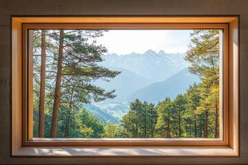 Wall Mural - A window in a minimalist mountain retreat, with a view of a deep forest and distant peaks. 