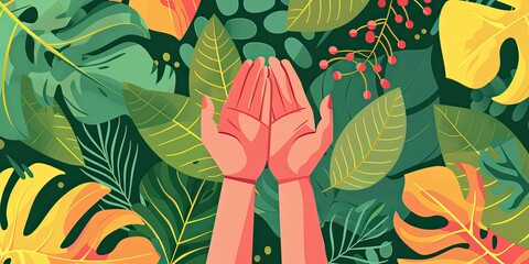 Sticker - Two hands reaching up from tropical leaves.