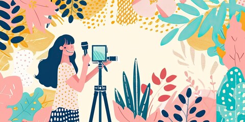 Wall Mural - Woman filming with camera amongst floral designs.