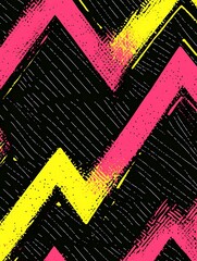 Canvas Print - Abstract geometric pattern with pink and yellow chevron shapes on black background.