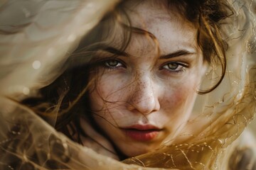 Canvas Print - A close-up view of a woman's face with a veil covering her head, great for use in mystery or thriller story scenes