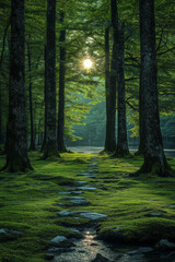 Poster - An enchanted clearing where towering trees, known as the Forest Sentinels, glow softly in the moonlight,